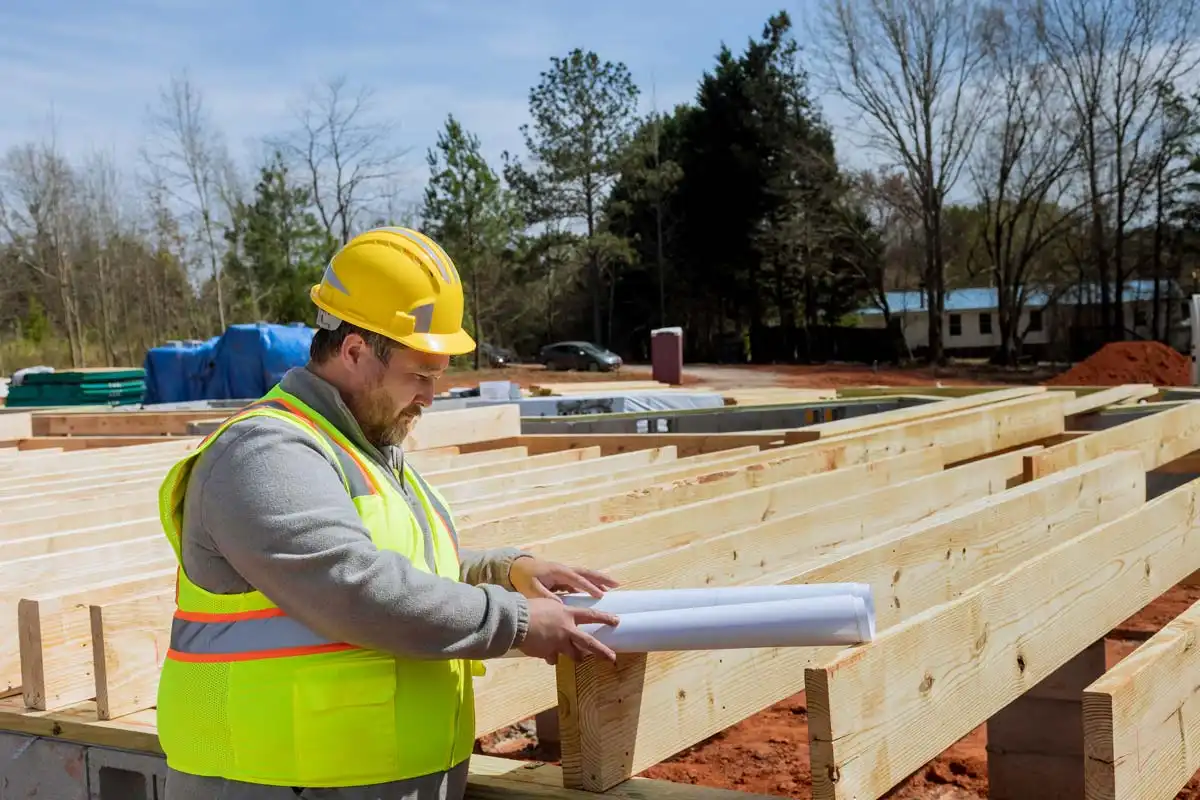 A Builder Reviewing Architectural Plans On A Construction Site