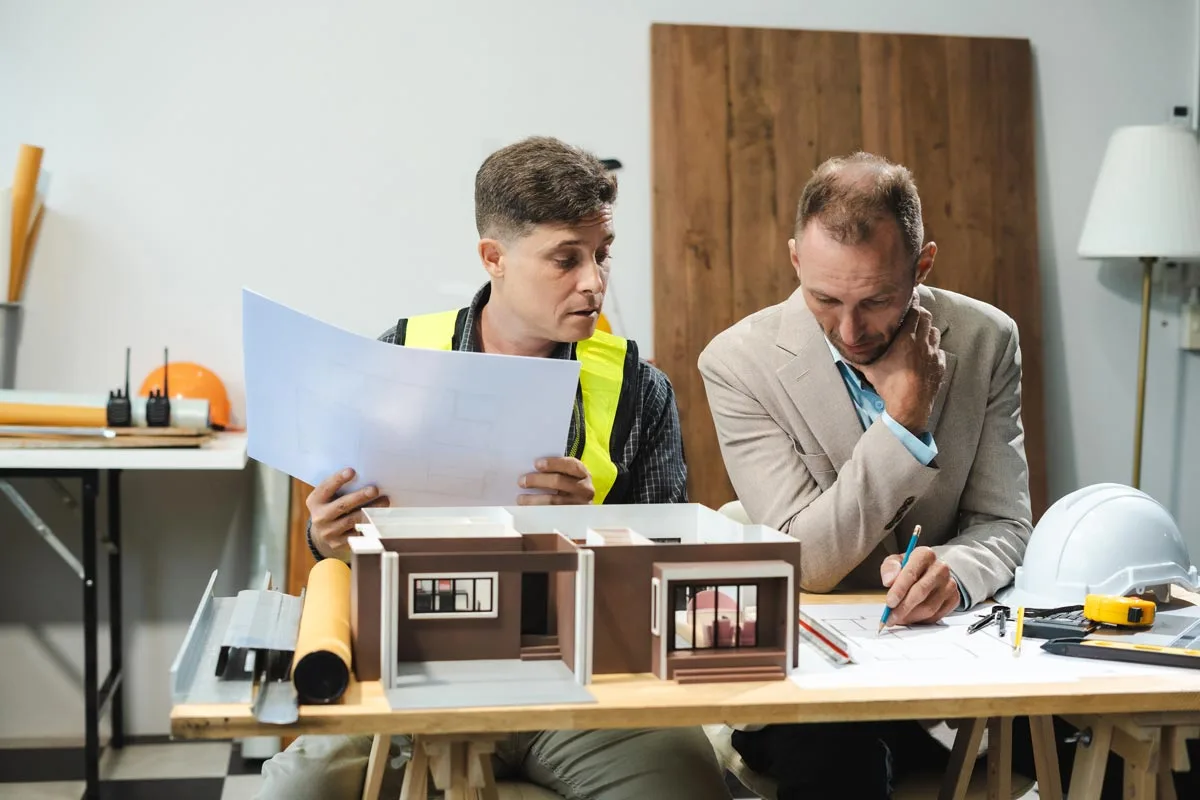A local builder reviewing house plans with a client inside a completed custom home, showcasing the personalized service