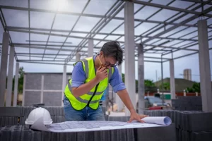 Licensed Commercial Builder Discussing Blueprints With Construction Team